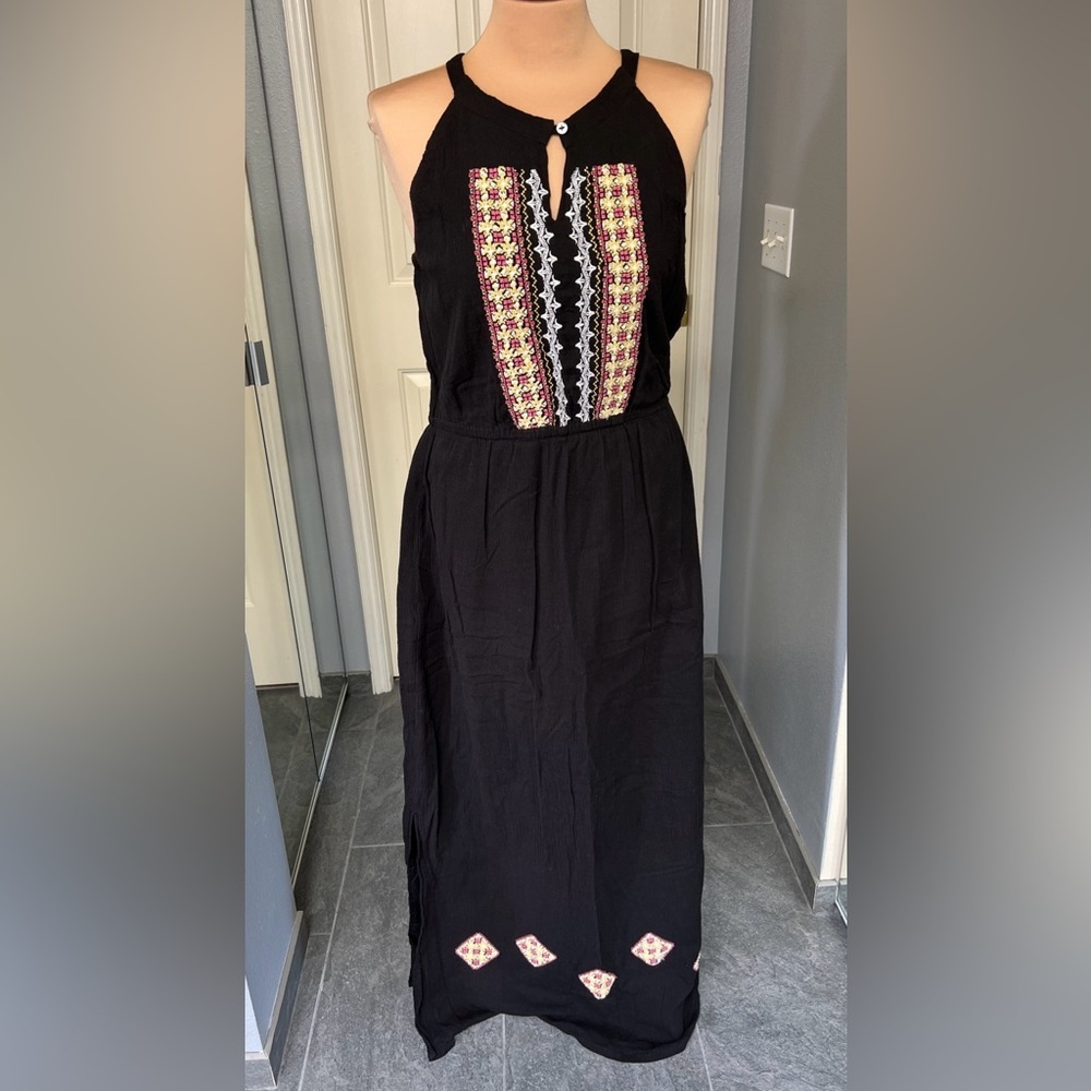 J Peterman Women's Black Beaded Maxi Dress Size 10 Sleeveless Boho Resort Beach